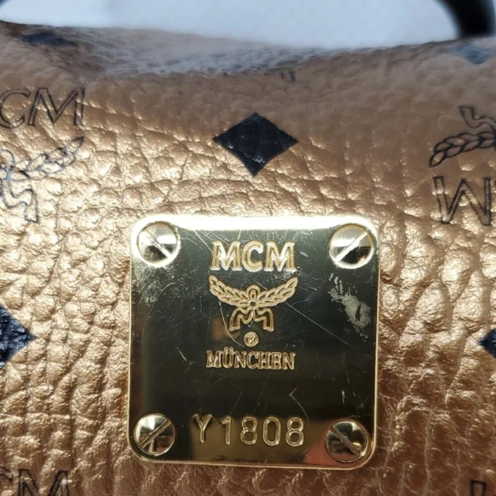 MCM Metallic Gold Weekend Duffle Duffel Coated Travel Bag Handbag